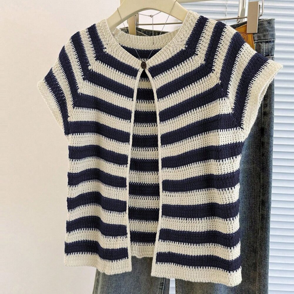 Navy Blue Casual Women's Striped Cardigan